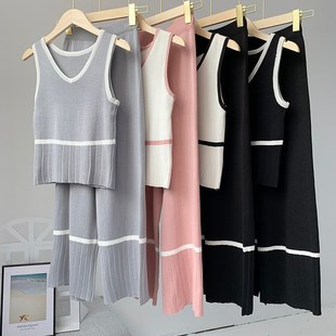 Summer Knitted Tank Top + High Waist Wide Leg Pants Set Wome
