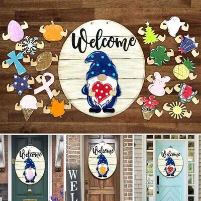 Gnome Door Hanger Seasonal Welcome Sign with Interchangeable