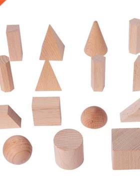 15PCS Wood Geometric Solids Set Including Various Basic 3D G
