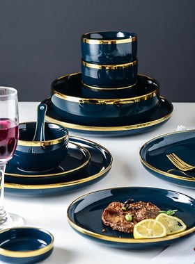 Blue Porcelain Dinner Plates Dishes Luxury Gold Inlay