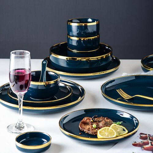 Blue Porcelain Dinner Plates Dishes Luxury Gold Inlay