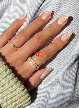 24pcs Small Floral Printed False Nails Patch Glue Type Short