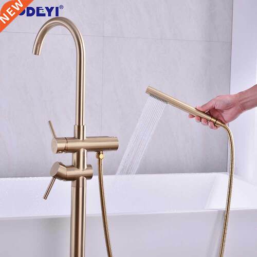 Brass Bathtub Floor Stand Faucet Tap Brushed Gold Mixer Taps