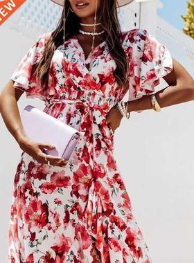 New Wrap V Ne Ruffle Irregular Boho Dress Summer Short Sl