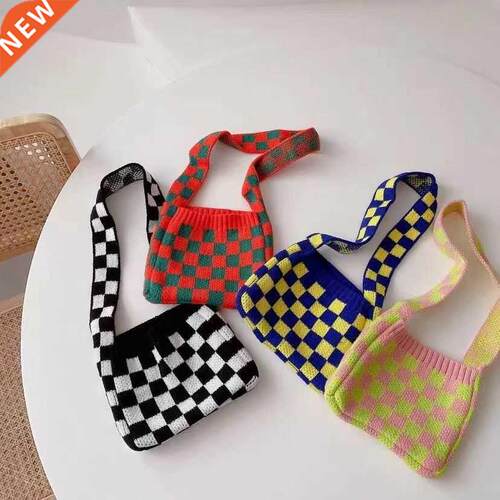 Kids Girl Plaid Knit Crossbody Mini Shoulder Bag Cotton Cros