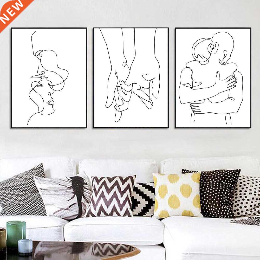 Line Drawing Couple Hand Love Kiss Wall Art Canvas Painting