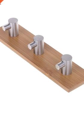 Natural Bamboo Stanless Steel Wall Hook Bag Key Towel Adhes