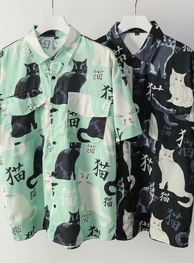 Summer high quality Mens Hawaiian Shirt 3D animal black cat