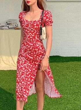 Women Summer Vintage Party Dress Lady France Style Puff S