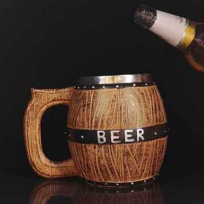 Creative Wooden Barrel Shape Stainless Steel Beer Mug Wine B