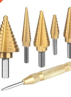 HSS Step Drill Bits and Automatic Center Punch 6 Pcs Set wit