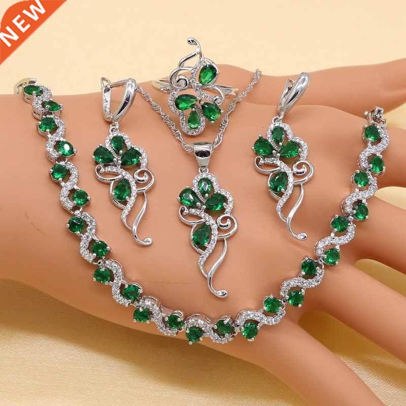 925 Sterling Silver Green Stones Cubic Zirconia Jewelry Sets