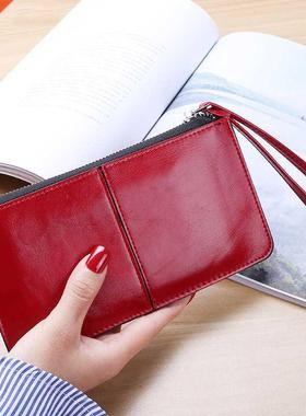 Vintage Women Oil wax Leather Zipper Clutch Wallet Female Pu