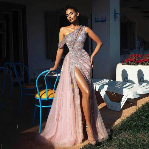 SoDigne One Shoulder Arabic Mermaid Evening Dress Pink Shinn