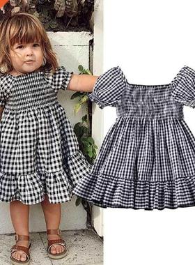 1-5T Toddler Kids Bby Girls Clotehs ginghm Che Plid Sho