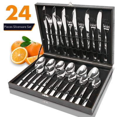 24PCS Silverware Cutlery Set Box Stainless Steel Dinner Set