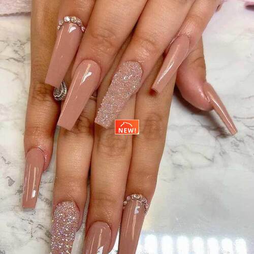 Nude Nails Press on Rhinestone XL Length Coffin Fake Nail Ti