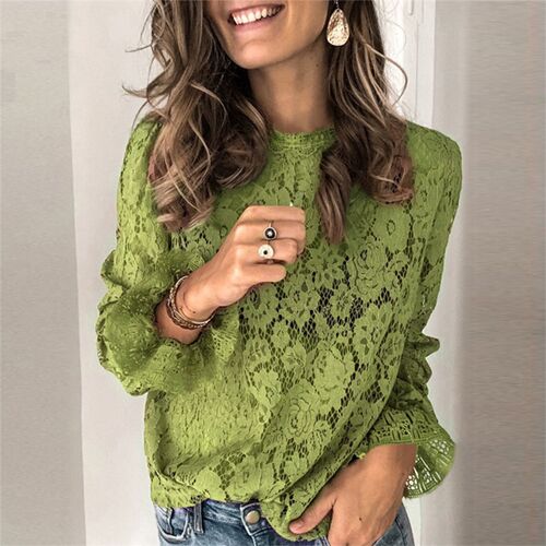 Spring Summer O-Neck Floral Lace Shirt Female Elegant Flare