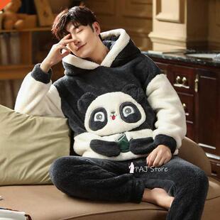 Large Bust Warm Man Fleece Pajamas Winter Men Thick Hood Fla