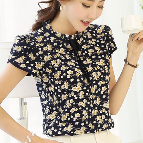 Summer Floral Print Chiffon Blouse Ruffled Collar Bow Neck S