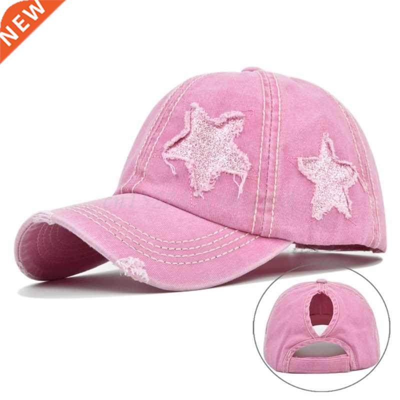 Womens Washed Cotton Baseball Cap Glitter Star Embroidery Vi