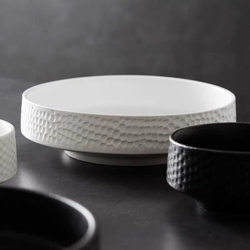 Ceramic White Black Hammer Eyed Deep Dish Fruit Bowl