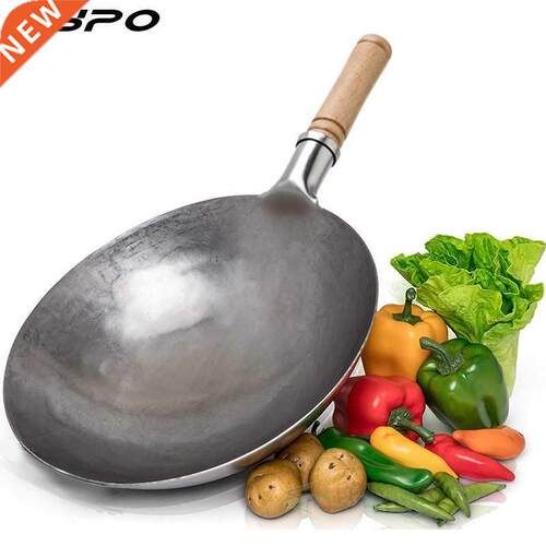Craft Wok Traditional Hand Hammered Iron Wok with Wooden and