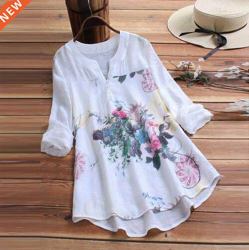 Summer Fashion Floral Print Cotton Linen Blouse Plus Size Lo
