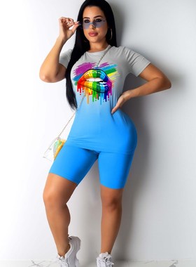 Brand New Women Colorful Lips Printed Short Sleeve T-shirt H