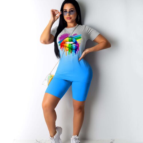 Brand New Women Colorful Lips Printed Short Sleeve T-shirt H