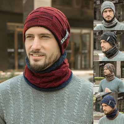 Winter Men Knitted Hat Headgear Bib suit Caps Plus Velvet Th
