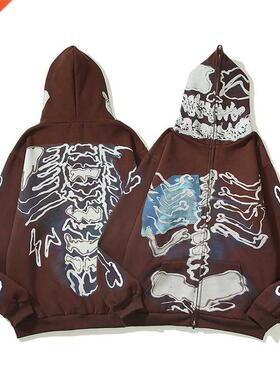Men	s Spring Y2k Printed Setwear Skull Hoodie Zip Up Alt