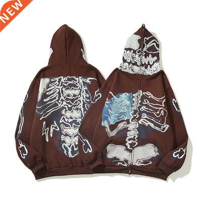 Men	s Spring Y2k Printed Setwear Skull Hoodie Zip Up Alt