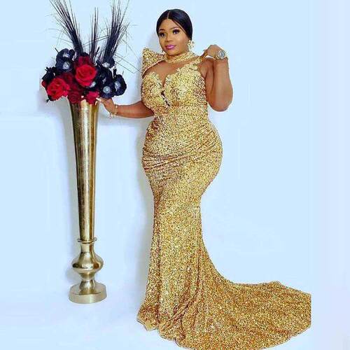 African Women Sequined Prom Dresses Illusion Long Sleeves Hi