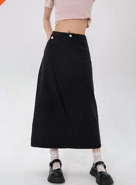 Women Black Denim Half Body Skirt Irregularity High Waist Ca