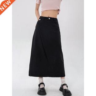 Women Black Denim Half Body Skirt Irregularity High Waist Ca