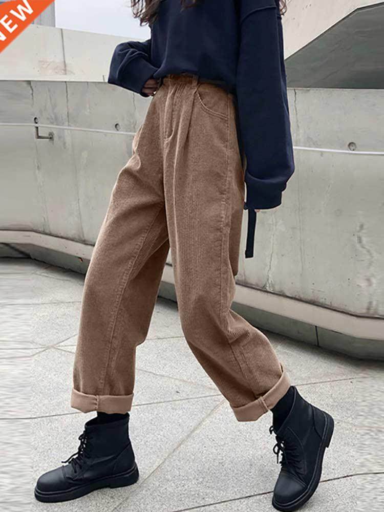 2021 new corduroy womens pants straight casual high wai