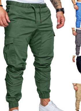 Men Casual Solid Color Pockets Waist Drawstring Ankle Tied S