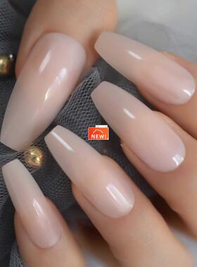Nude Extra Long Fake Nails Coffin Full Cover Glossy False Na