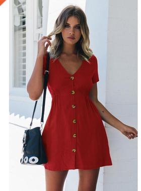 Summer Dress Women's Candy Color V-Ne Short Dress Bla Re