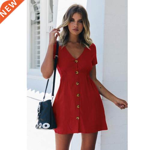 Summer Dress Women's Candy Color V-Ne Short Dress Bla Re