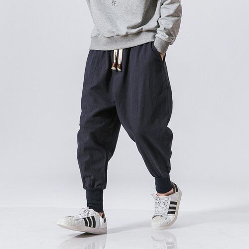 Cotton Harem Pants Men Solid Elastic Waist Streetwear Jogger