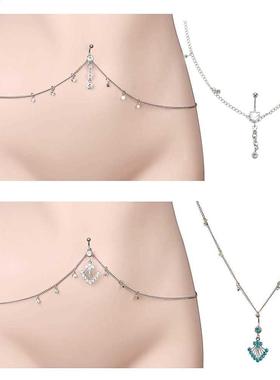 Colorful Rhinestone Dangle Belly Button Ring+Waist Chain Ste
