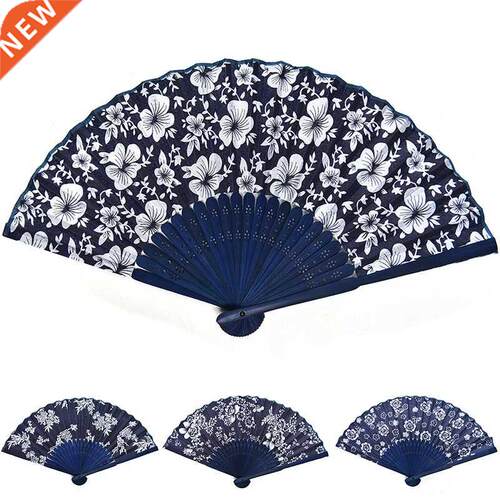 Flower Design Chinese Style Blue Fabric Hand Fan With Dyed