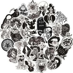 10/0/50pcs/Pack Black And White Punk Skull Stickers Waterp