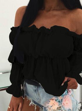 Women Blouse Solid Color Long Sleeve Lace Off Shoulder Ruffl