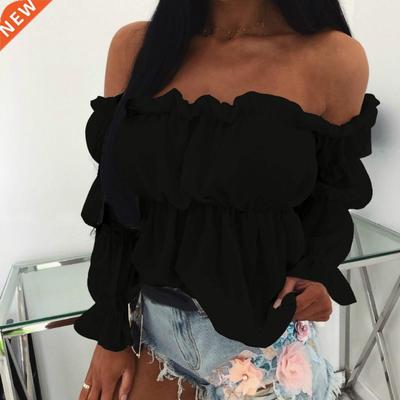 Women Blouse Solid Color Long Sleeve Lace Off Shoulder Ruffl