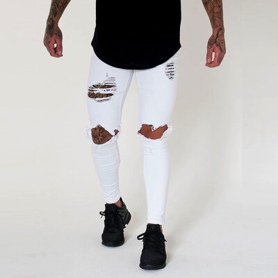 Wihte Men Knee Ripped Holes Skinny Destroyed Jeans Fashion S