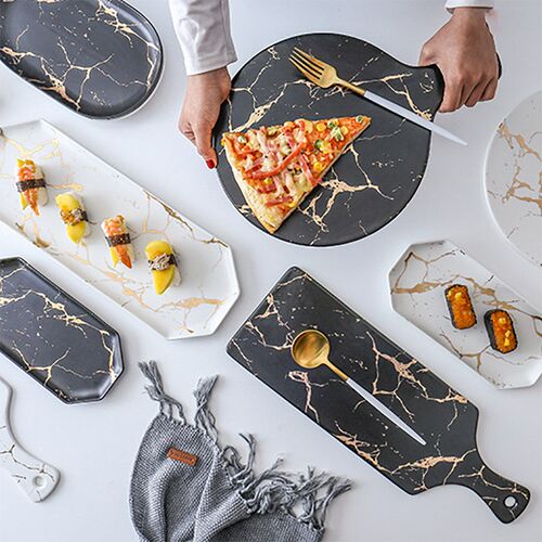 White Black Golden Ceramic Dishes And Plate Pizza Dessert
