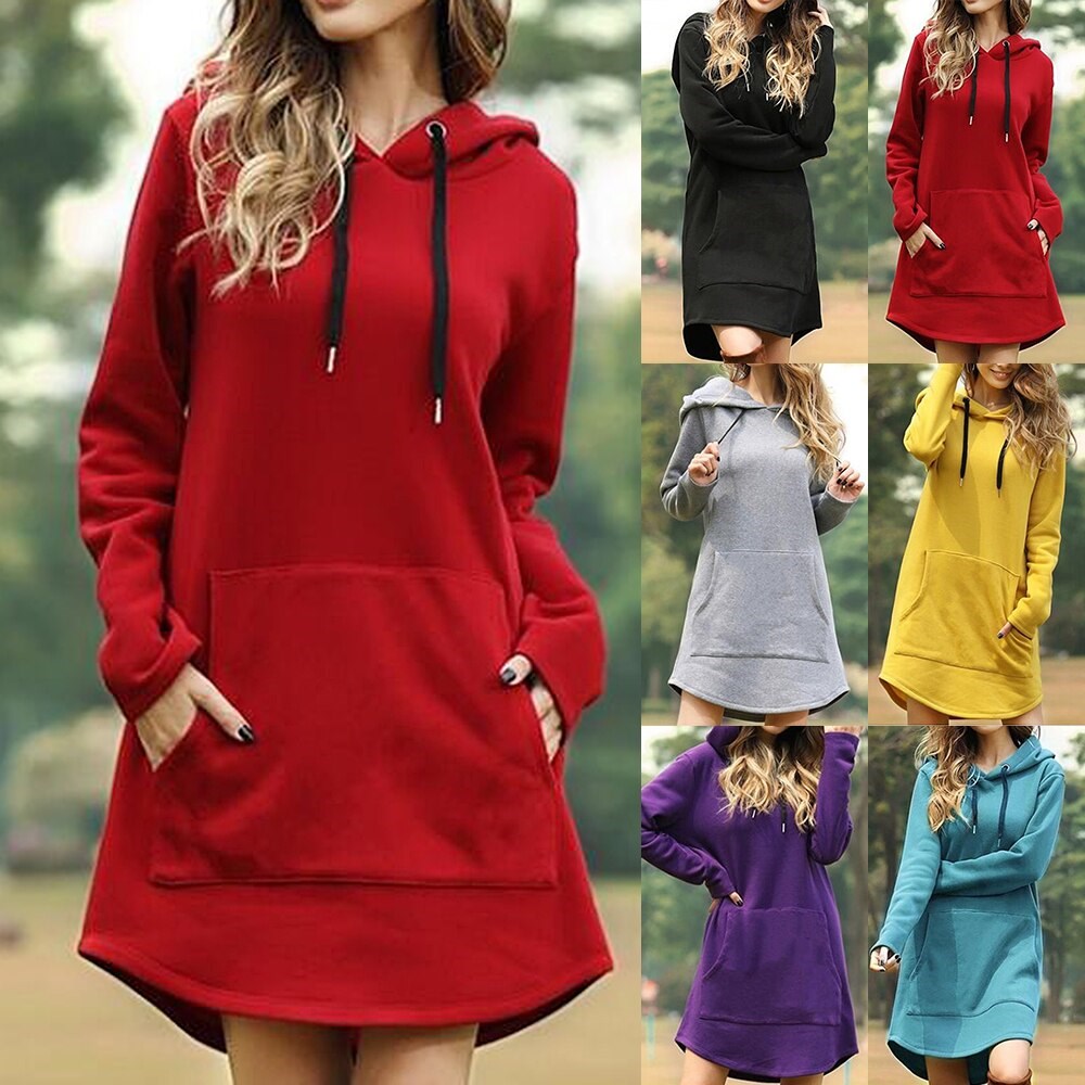 2021 New Autumn Long Hoodies Women Dresses Casual Pocket Lon